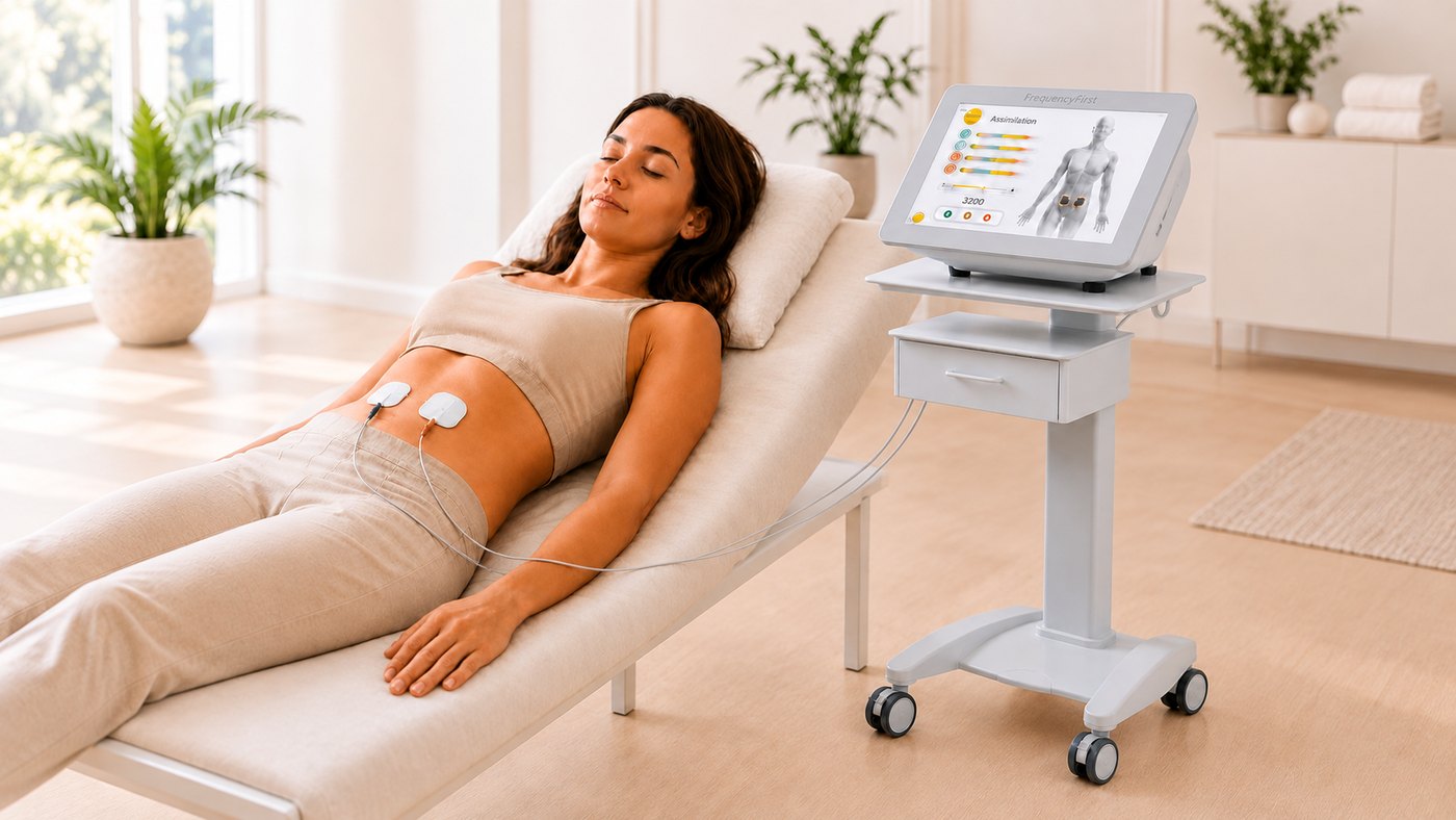Eine Frau ruht entspannt auf einer Behandlungsliege. Elektroden sind am Bauch angebracht, daneben steht das Frequency First Gerät.