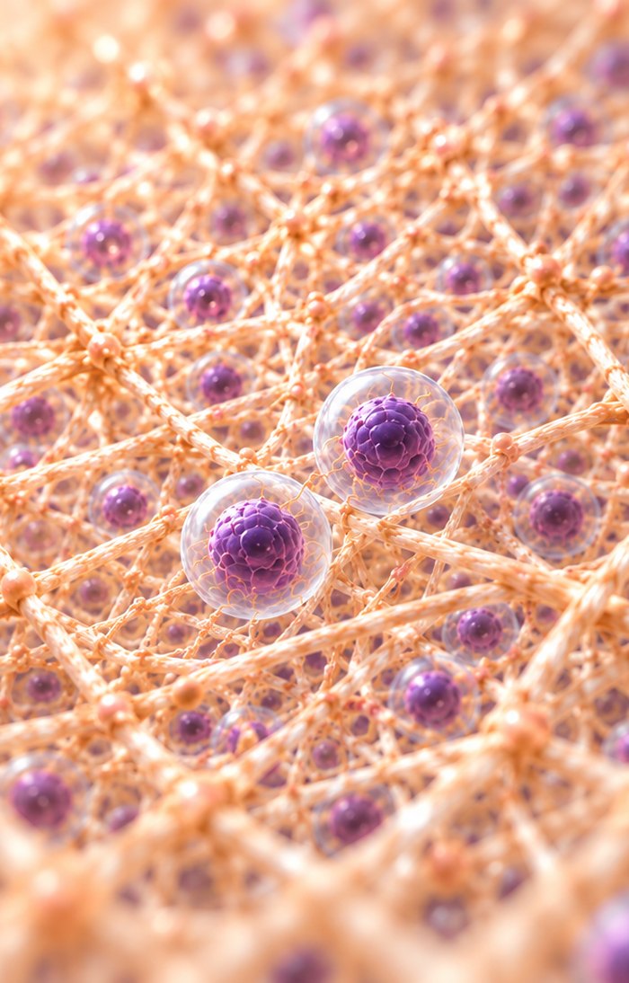 Darstellung der extrazellulären Matrix: Zellen liegen eingebettet in einem Netz aus Fasern.