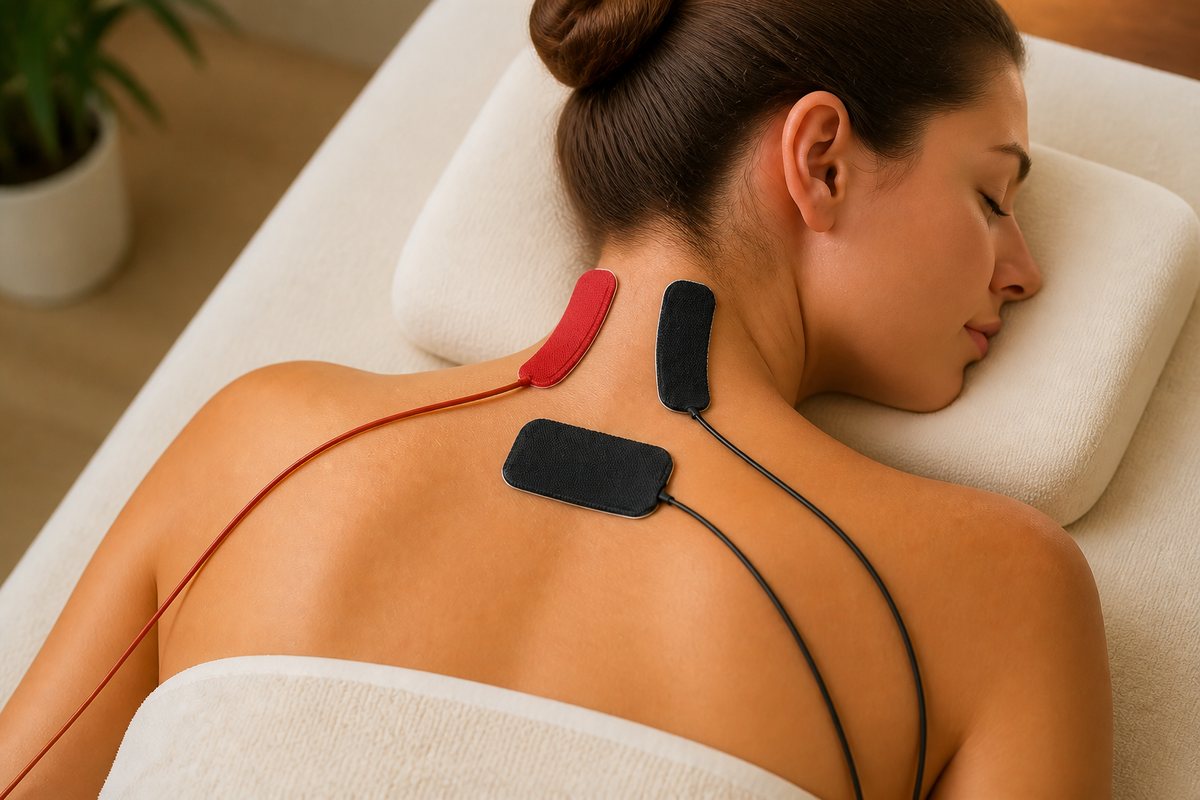 Nahaufnahme einer entspannt liegenden Frau; Elektroden sind an Nacken und Schulter angebracht.